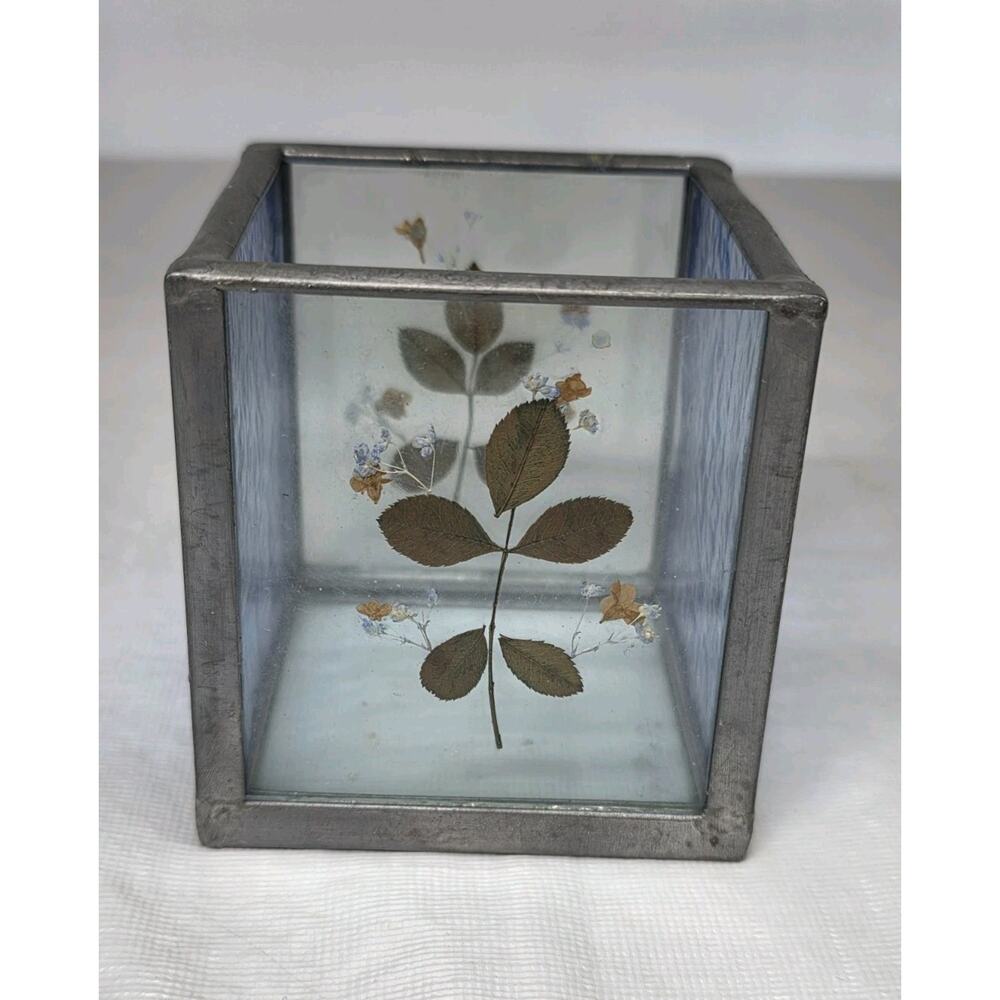 Vintage Dried Pressed Flower Glass Candle Tea Light Votive Holder Square Silver